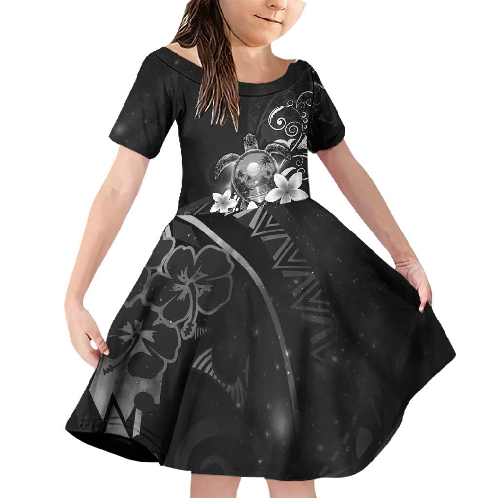 Hawaii Honu Family Matching Off Shoulder Short Dress and Hawaiian Shirt Polynesian Curves Plumeria Grayscale - Polynesian Pride