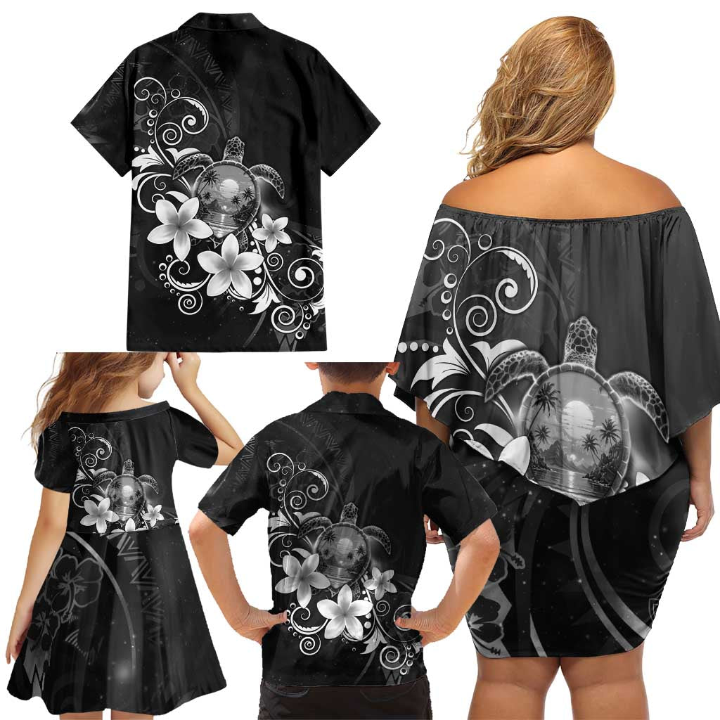 Hawaii Honu Family Matching Off Shoulder Short Dress and Hawaiian Shirt Polynesian Curves Plumeria Grayscale - Polynesian Pride