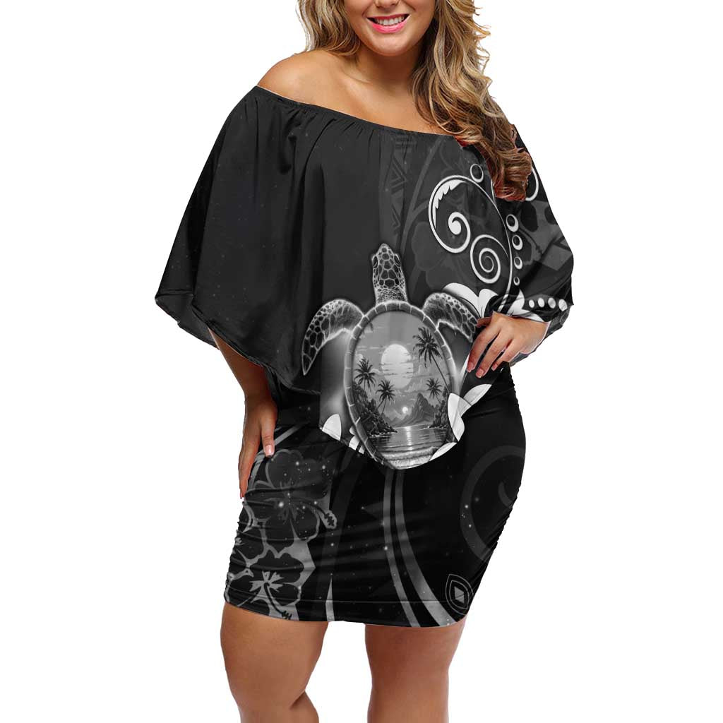 Hawaii Honu Family Matching Off Shoulder Short Dress and Hawaiian Shirt Polynesian Curves Plumeria Grayscale - Polynesian Pride