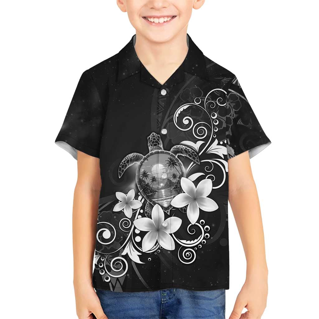 Hawaii Honu Family Matching Off Shoulder Short Dress and Hawaiian Shirt Polynesian Curves Plumeria Grayscale - Polynesian Pride