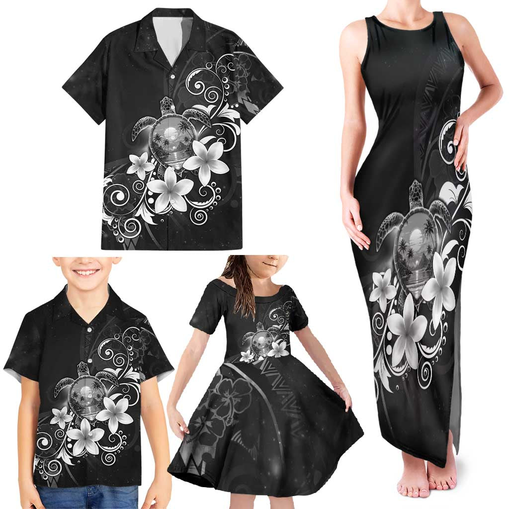 Hawaii Honu Family Matching Tank Maxi Dress and Hawaiian Shirt Polynesian Curves Plumeria Grayscale - Polynesian Pride