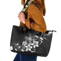 Hawaii Honu Leather Tote Bag Polynesian Curves Plumeria Grayscale - Polynesian Pride
