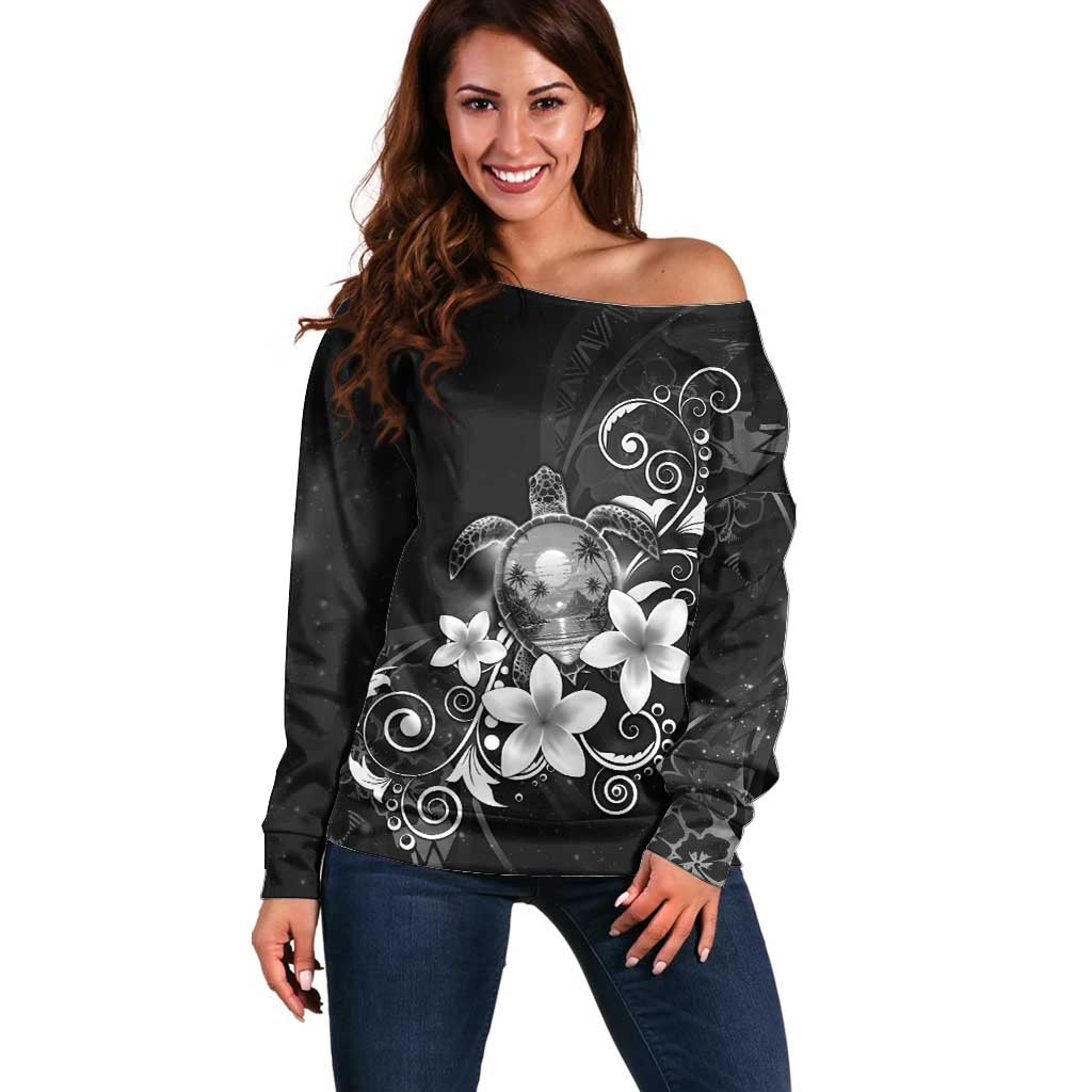 Hawaii Honu Off Shoulder Sweater Polynesian Curves Plumeria Grayscale - Polynesian Pride