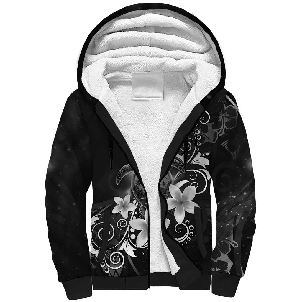 Hawaii Honu Sherpa Hoodie Polynesian Curves Plumeria Grayscale - Polynesian Pride