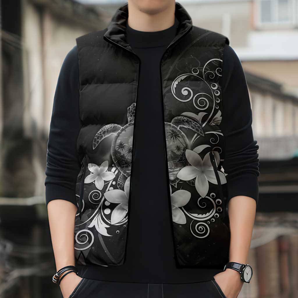Hawaii Honu Sleeveless Puffer Jacket Polynesian Curves Plumeria Grayscale - Polynesian Pride