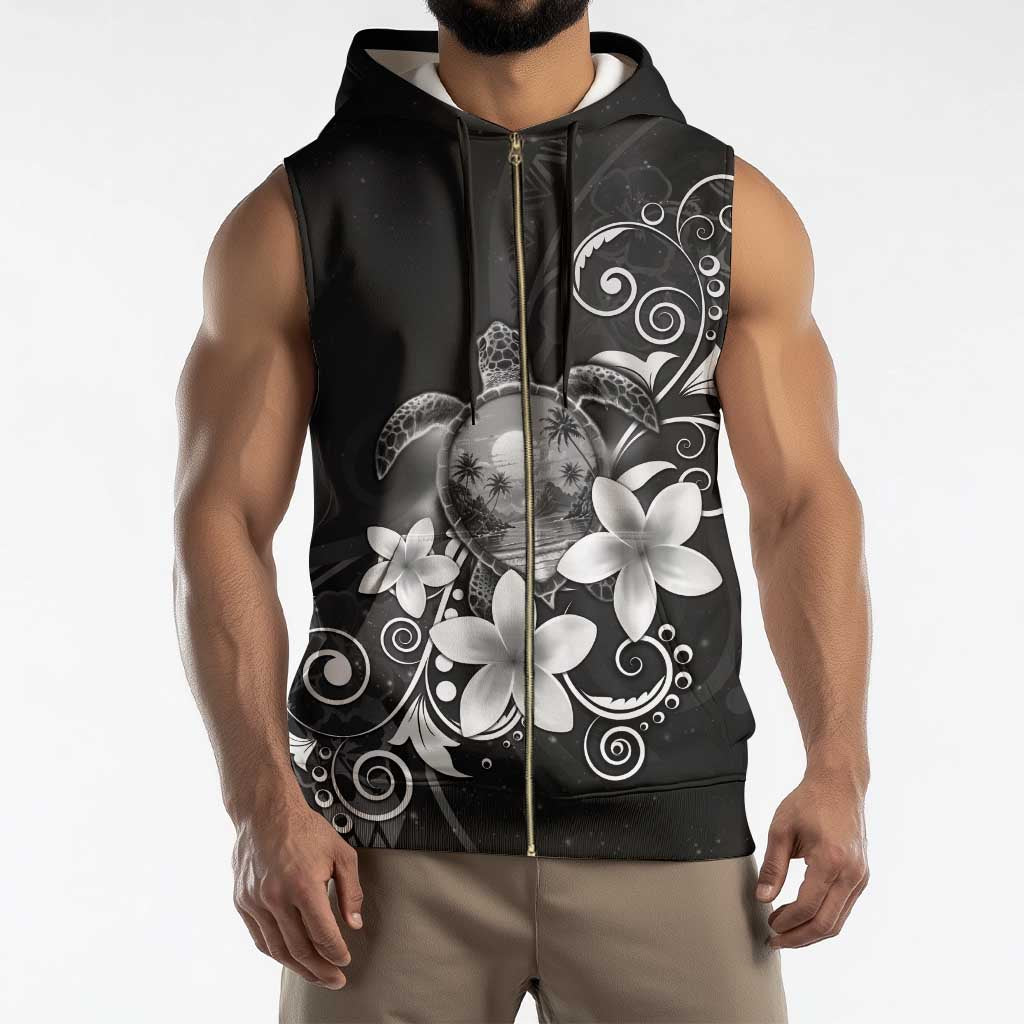 Hawaii Honu Sleeveless Zip Hoodie Polynesian Curves Plumeria Grayscale - Polynesian Pride