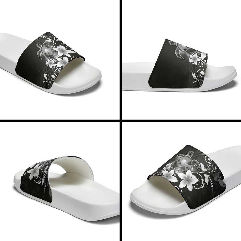 Hawaii Honu Slide Sandals Polynesian Curves Plumeria Grayscale - Polynesian Pride