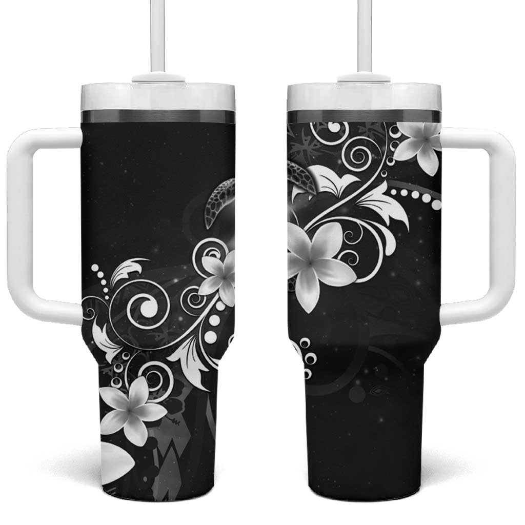 Hawaii Honu Tumbler With Handle Polynesian Curves Plumeria Grayscale - Polynesian Pride