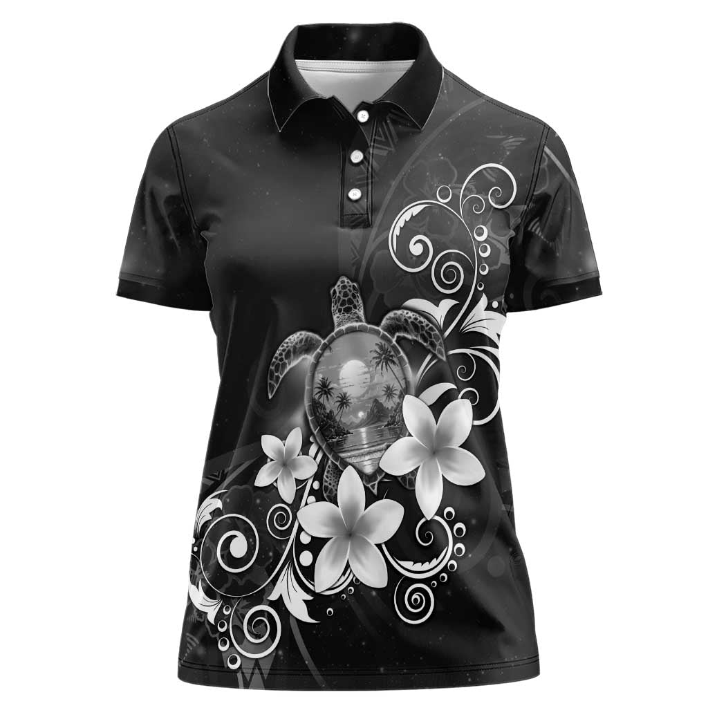 Hawaii Honu Women Polo Shirt Polynesian Curves Plumeria Grayscale - Polynesian Pride