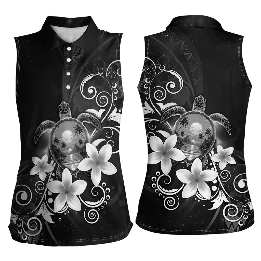 Hawaii Honu Women Sleeveless Polo Shirt Polynesian Curves Plumeria Grayscale - Polynesian Pride