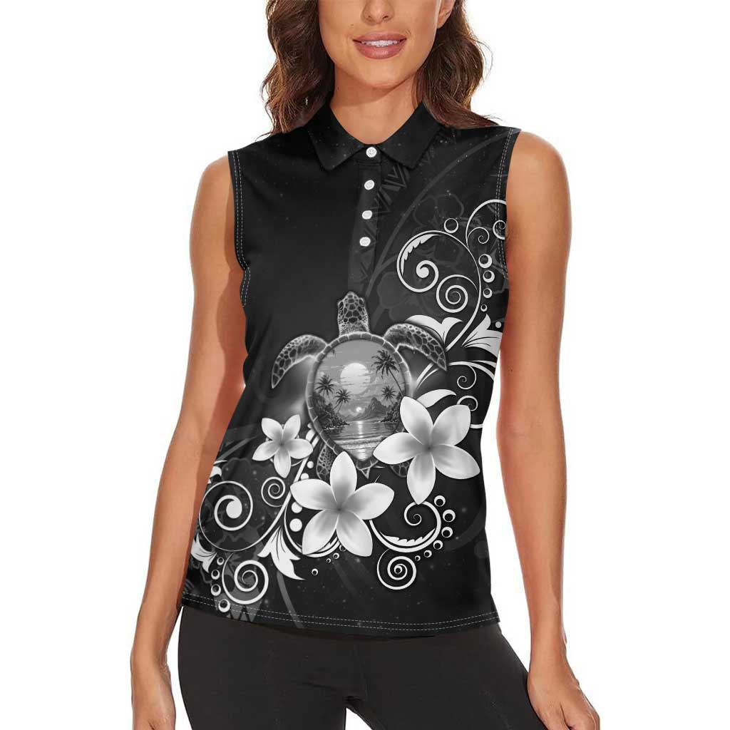 Hawaii Honu Women Sleeveless Polo Shirt Polynesian Curves Plumeria Grayscale - Polynesian Pride