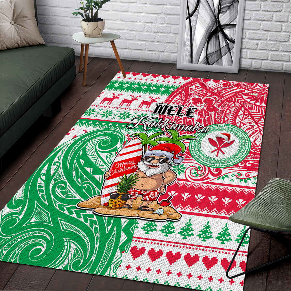 Hawaii Christmas Area Rug Santa Claus Surf Mele Kalikimaka LT05 Red - Polynesian Pride