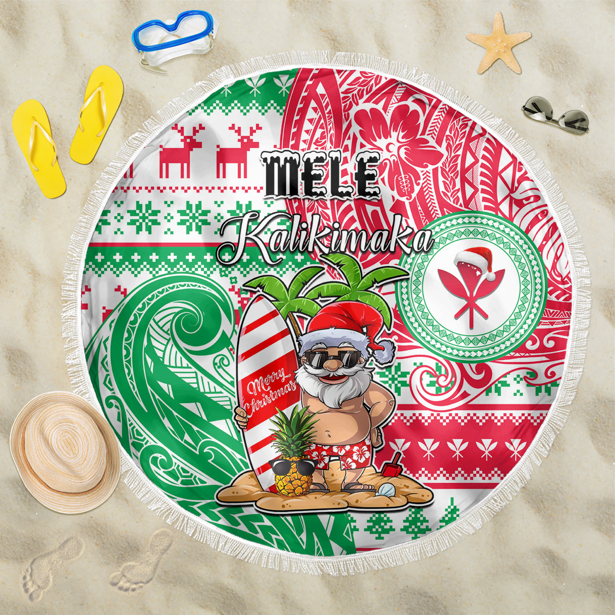 Hawaii Christmas Beach Blanket Santa Claus Surf Mele Kalikimaka LT05 One Size 150cm Red - Wonder Print Shop