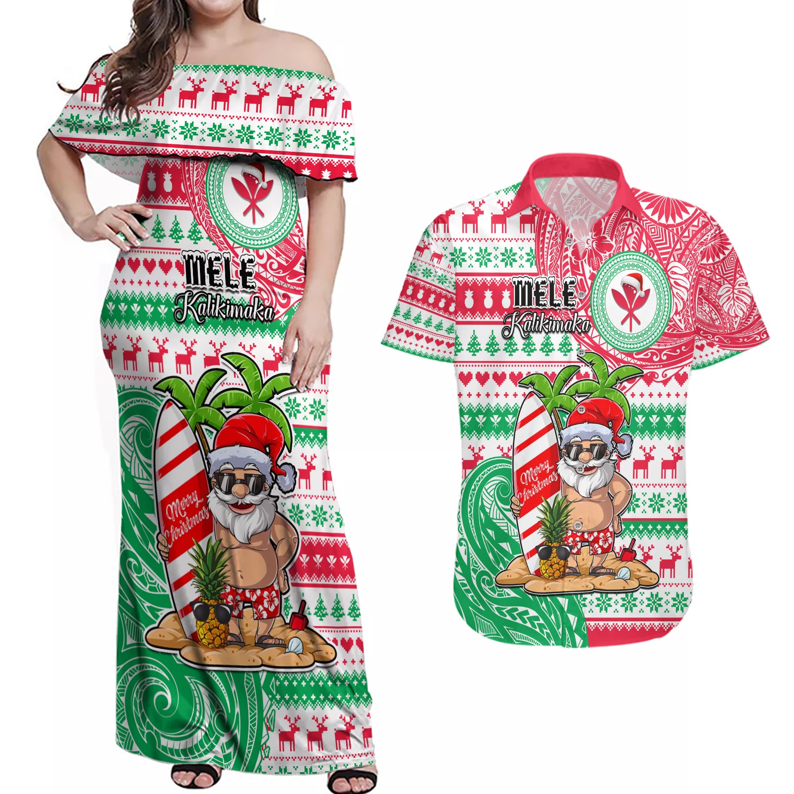 Hawaii Christmas Couples Matching Off Shoulder Maxi Dress and Hawaiian Shirt Santa Claus Surf Mele Kalikimaka LT05 Red - Polynesian Pride