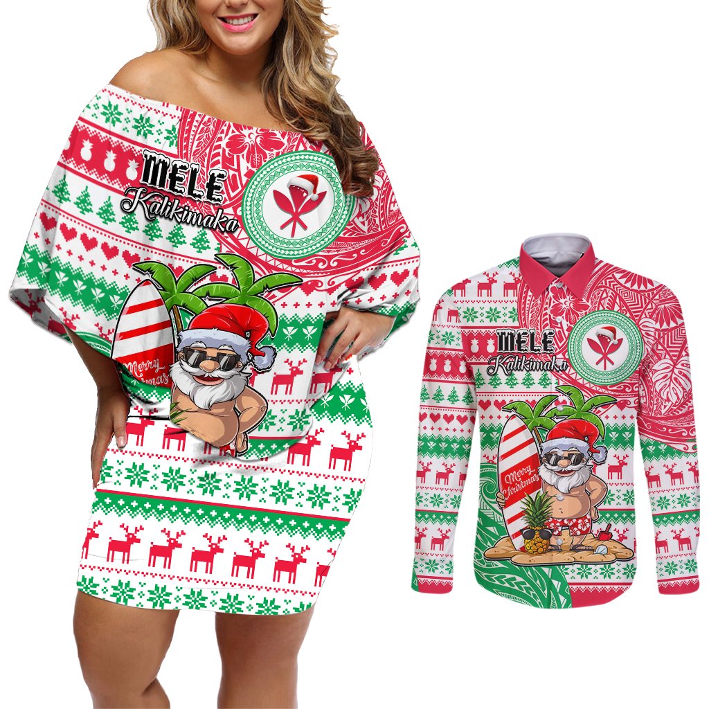 Hawaii Christmas Couples Matching Off Shoulder Short Dress and Long Sleeve Button Shirts Santa Claus Surf Mele Kalikimaka LT05 Red - Polynesian Pride