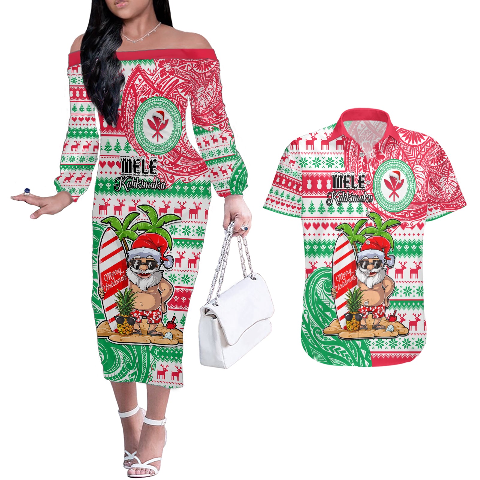 Hawaii Christmas Couples Matching Off The Shoulder Long Sleeve Dress and Hawaiian Shirt Santa Claus Surf Mele Kalikimaka LT05 Red - Polynesian Pride