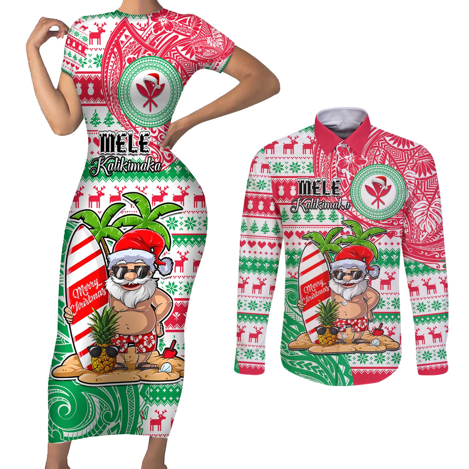 Hawaii Christmas Couples Matching Short Sleeve Bodycon Dress and Long Sleeve Button Shirts Santa Claus Surf Mele Kalikimaka LT05 Red - Polynesian Pride