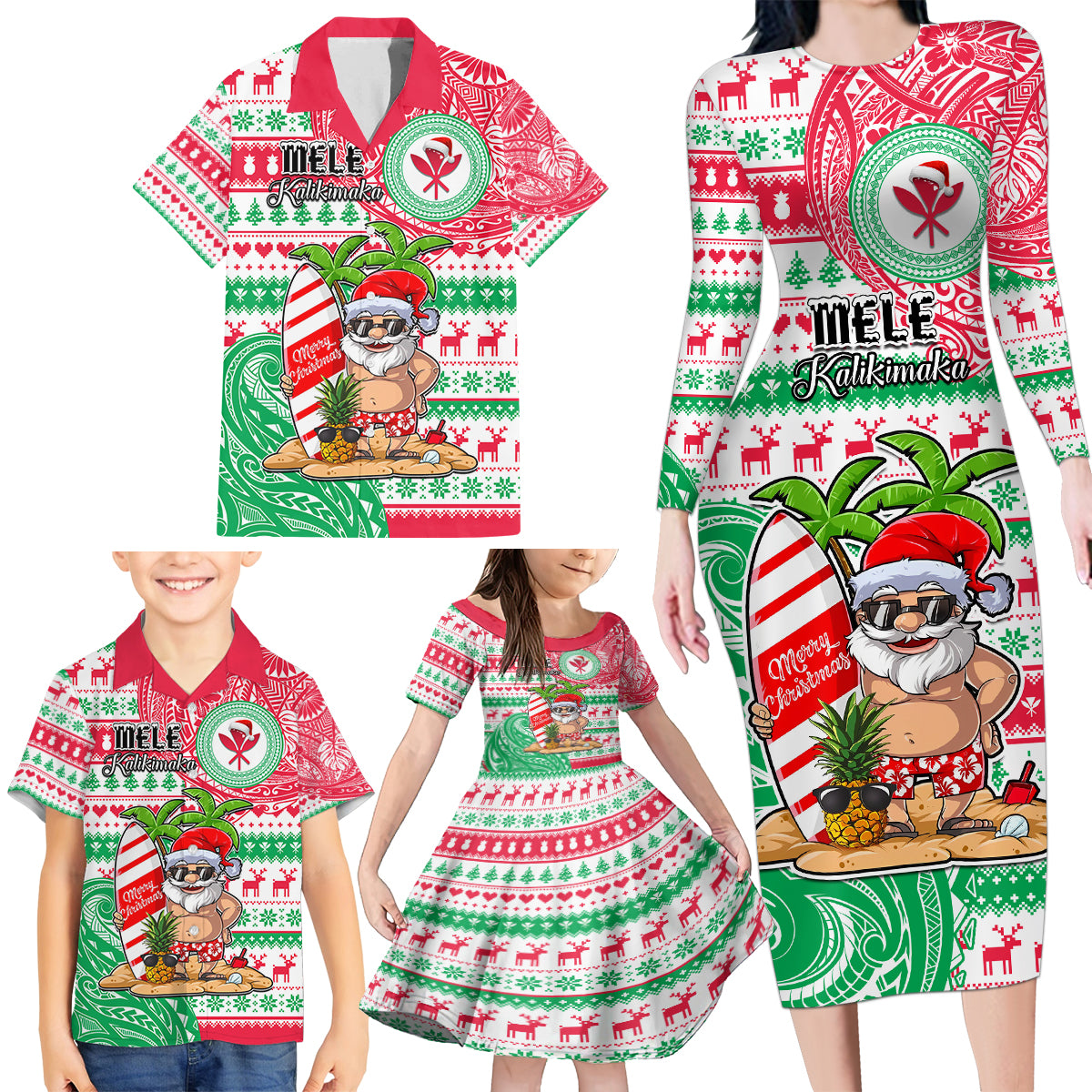 Hawaii Christmas Family Matching Long Sleeve Bodycon Dress and Hawaiian Shirt Santa Claus Surf Mele Kalikimaka LT05 - Polynesian Pride