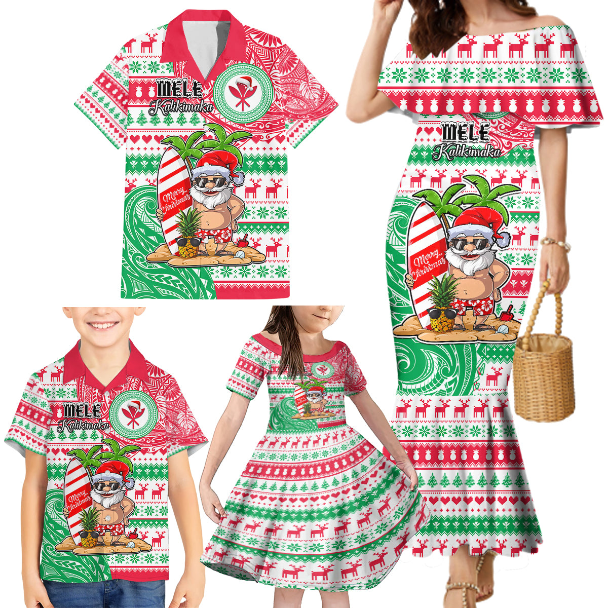 Hawaii Christmas Family Matching Mermaid Dress and Hawaiian Shirt Santa Claus Surf Mele Kalikimaka LT05 - Polynesian Pride