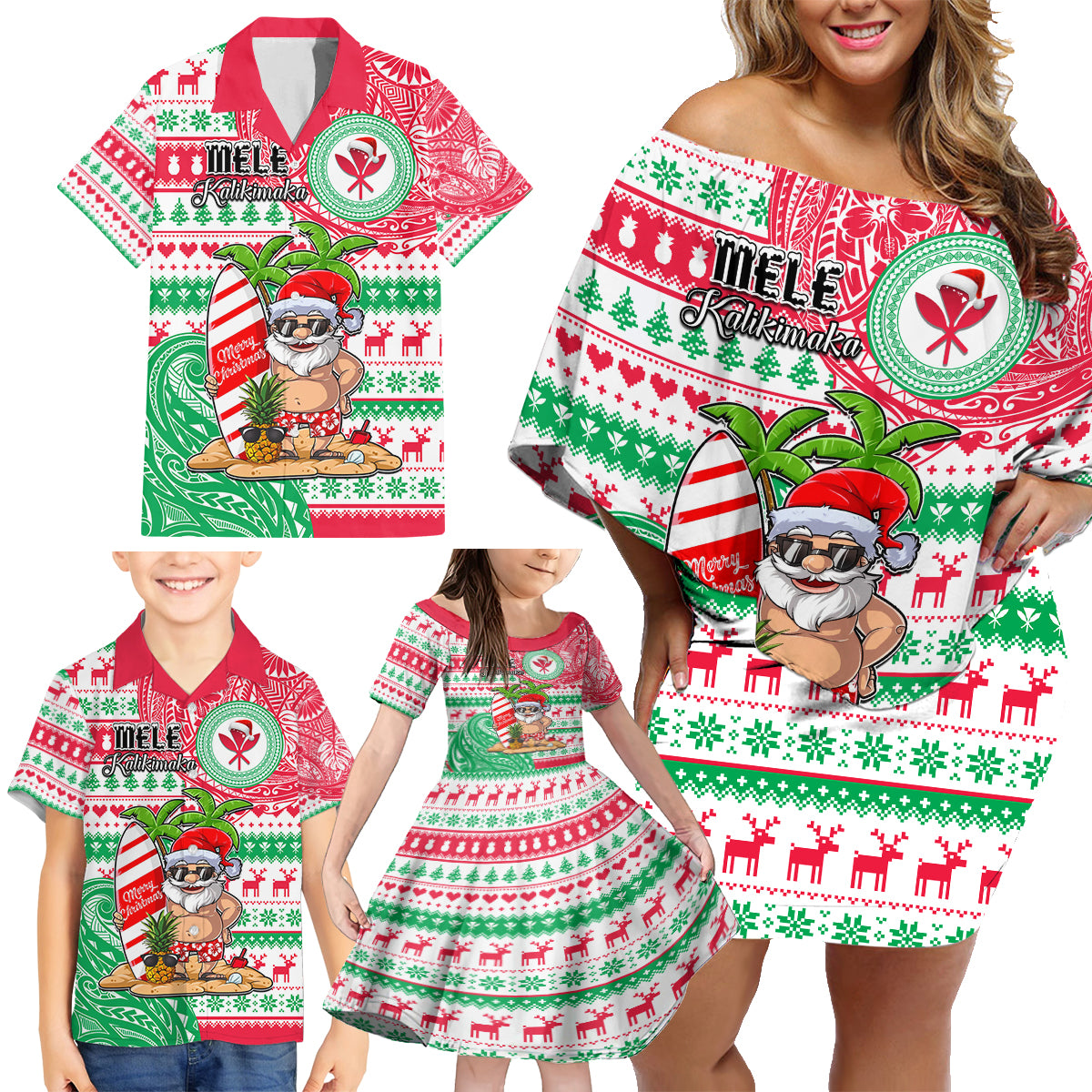 Hawaii Christmas Family Matching Off Shoulder Short Dress and Hawaiian Shirt Santa Claus Surf Mele Kalikimaka LT05 - Polynesian Pride