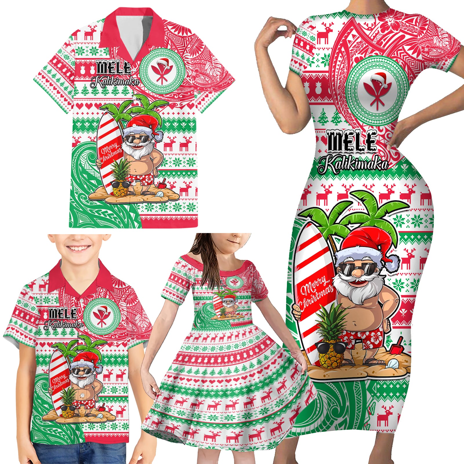 Hawaii Christmas Family Matching Short Sleeve Bodycon Dress and Hawaiian Shirt Santa Claus Surf Mele Kalikimaka LT05 - Polynesian Pride