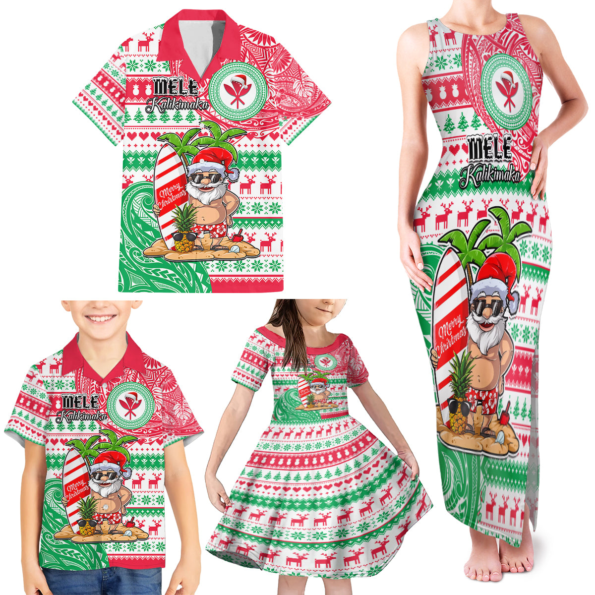 Hawaii Christmas Family Matching Tank Maxi Dress and Hawaiian Shirt Santa Claus Surf Mele Kalikimaka LT05 - Polynesian Pride