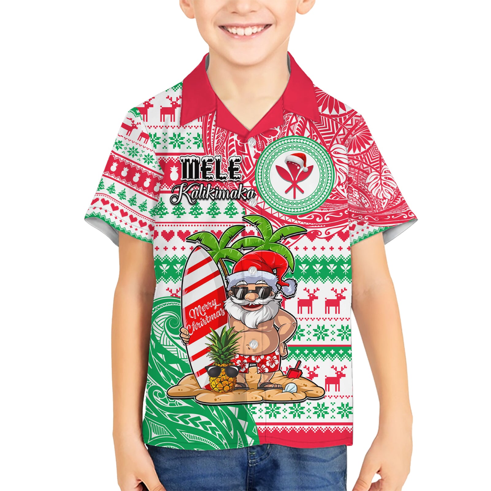 Hawaii Christmas Kid Hawaiian Shirt Santa Claus Surf Mele Kalikimaka LT05 Kid Red - Polynesian Pride