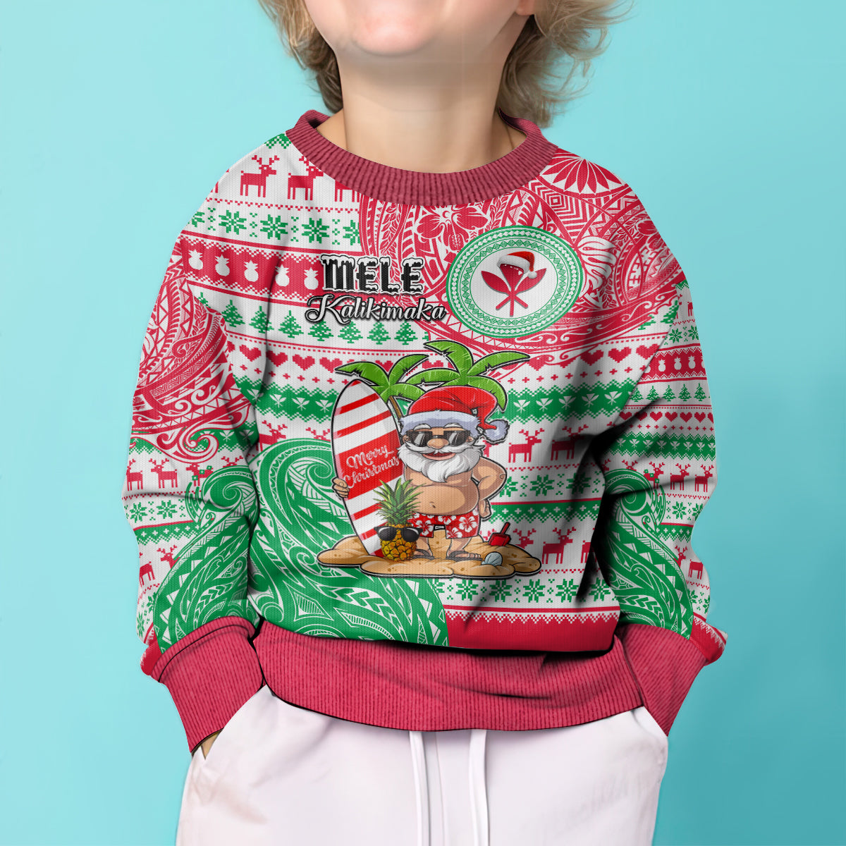 Hawaii Christmas Kid Ugly Christmas Sweater Santa Claus Surf Mele Kalikimaka LT05 - Polynesian Pride