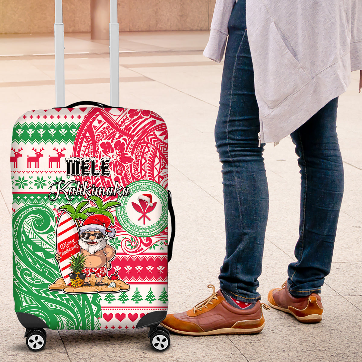 Hawaii Christmas Luggage Cover Santa Claus Surf Mele Kalikimaka LT05 Red - Polynesian Pride