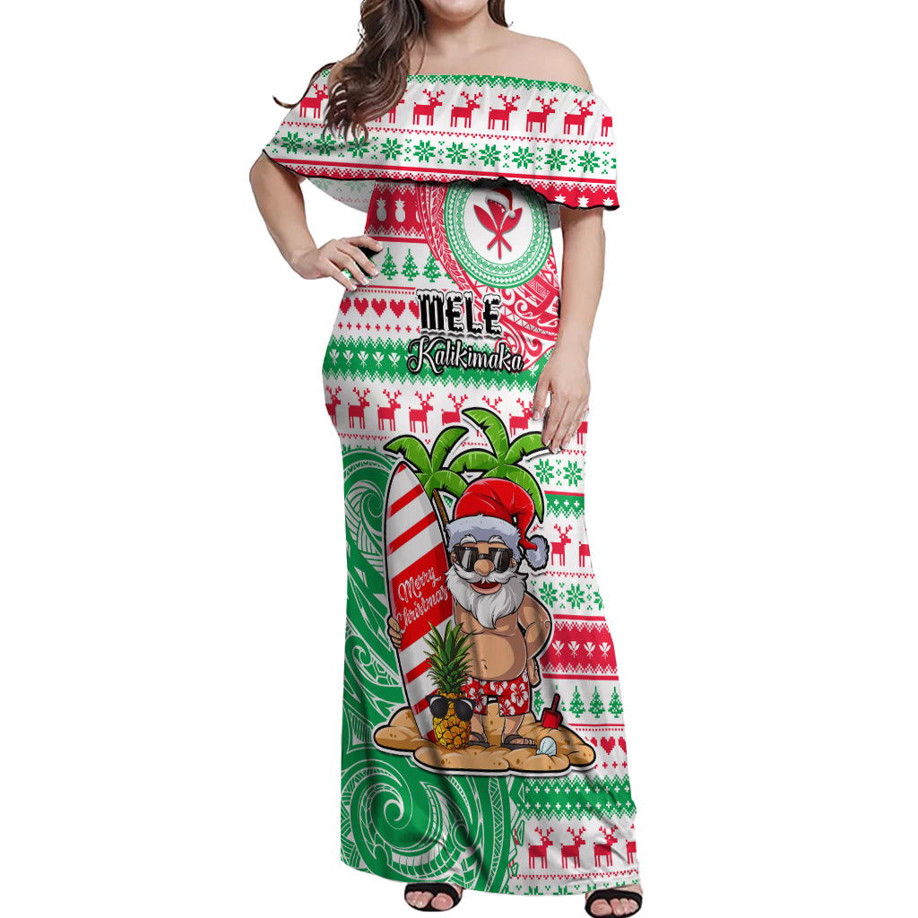 Hawaii Christmas Off Shoulder Maxi Dress Santa Claus Surf Mele Kalikimaka LT05 Women Red - Polynesian Pride