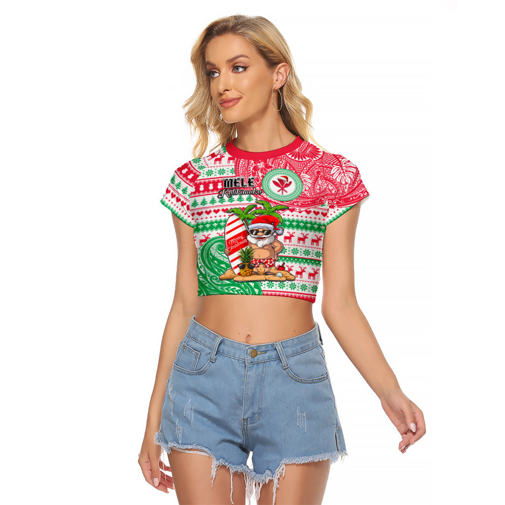 Hawaii Christmas Raglan Cropped T Shirt Santa Claus Surf Mele Kalikimaka LT05 Female Red - Polynesian Pride