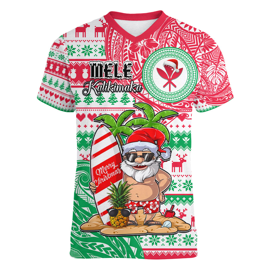 Hawaii Christmas Women V Neck T Shirt Santa Claus Surf Mele Kalikimaka LT05 Female Red - Polynesian Pride