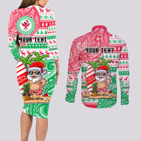 Personalized Hawaii Christmas Couples Matching Long Sleeve Bodycon Dress and Long Sleeve Button Shirts Santa Claus Surf Mele Kalikimaka LT05 - Polynesian Pride