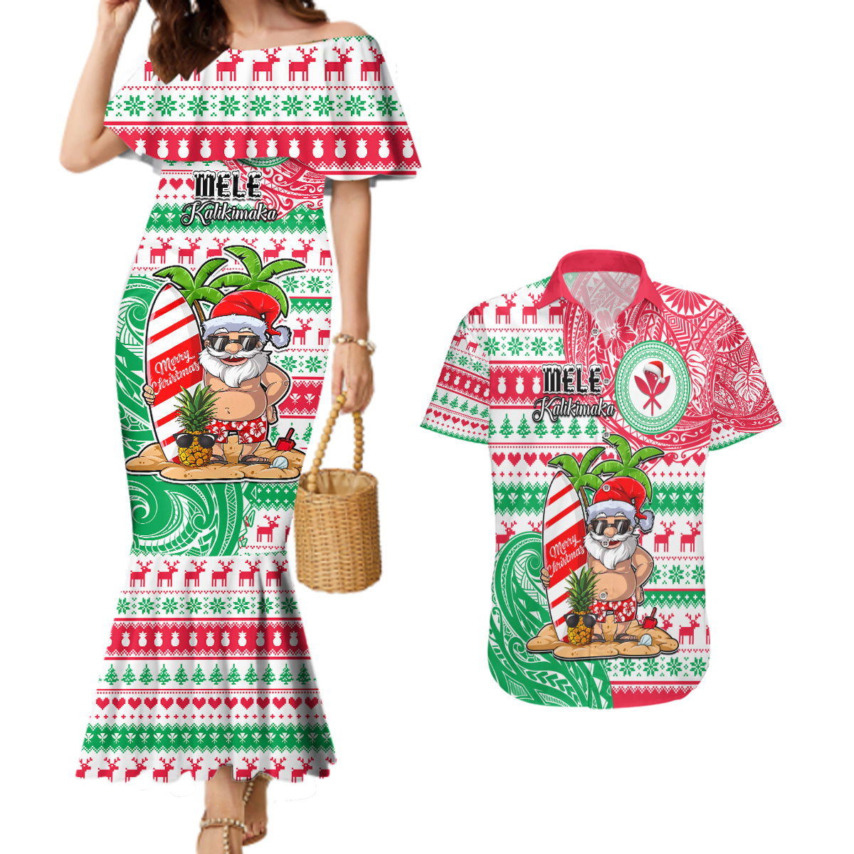 Personalized Hawaii Christmas Couples Matching Mermaid Dress and Hawaiian Shirt Santa Claus Surf Mele Kalikimaka LT05 Red - Polynesian Pride