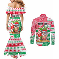 Personalized Hawaii Christmas Couples Matching Mermaid Dress and Long Sleeve Button Shirts Santa Claus Surf Mele Kalikimaka LT05 - Polynesian Pride