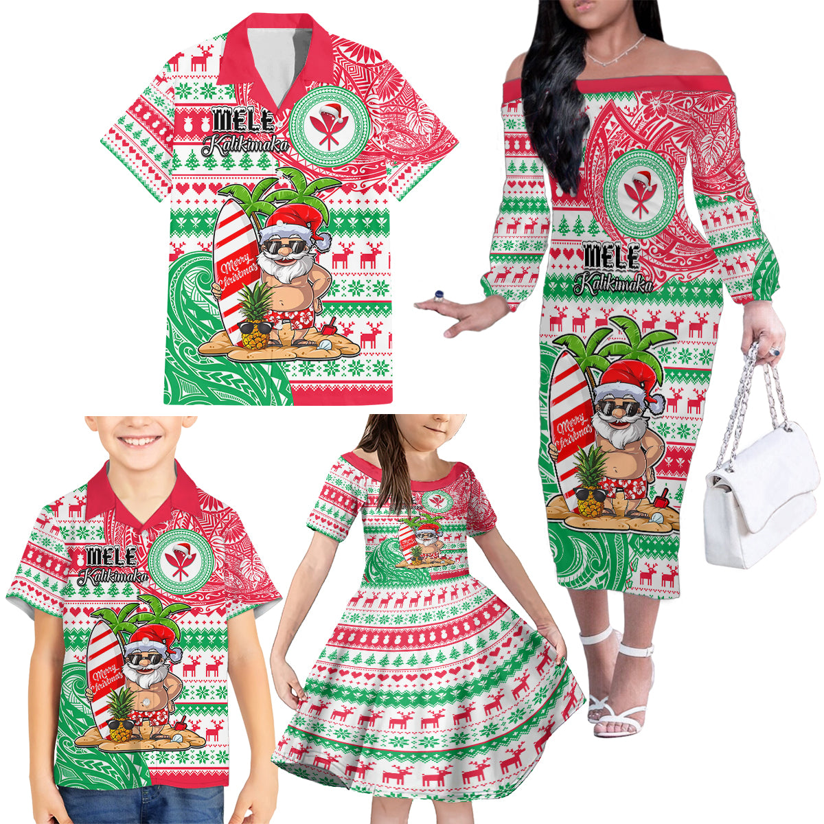 Personalized Hawaii Christmas Family Matching Off Shoulder Long Sleeve Dress and Hawaiian Shirt Santa Claus Surf Mele Kalikimaka LT05 - Polynesian Pride