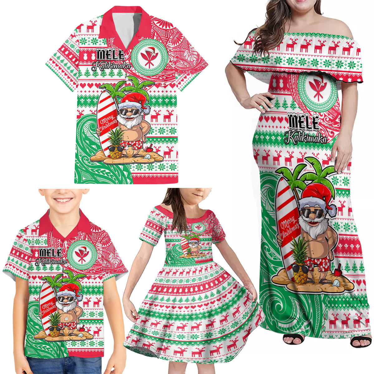 Personalized Hawaii Christmas Family Matching Off Shoulder Maxi Dress and Hawaiian Shirt Santa Claus Surf Mele Kalikimaka LT05 - Polynesian Pride