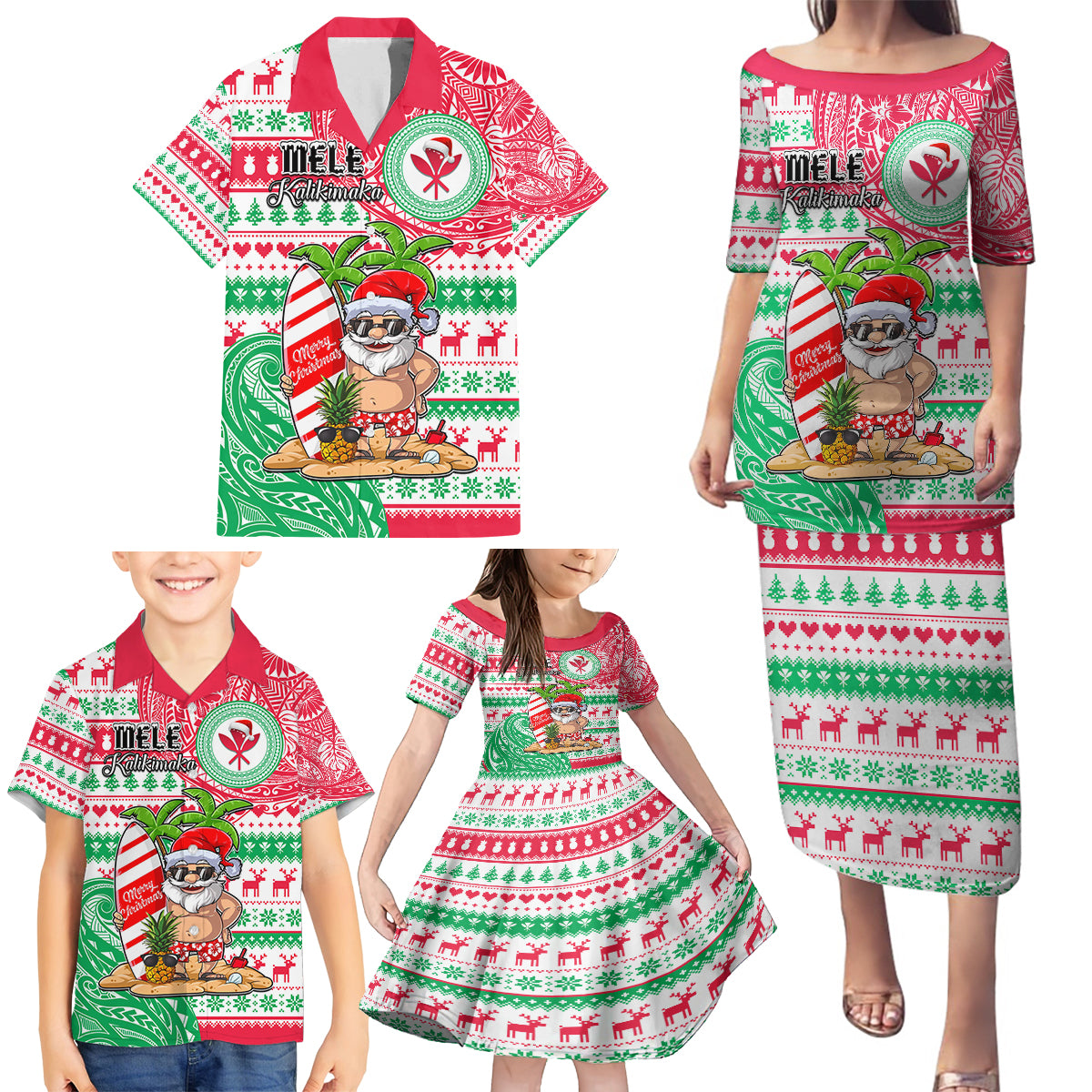 Personalized Hawaii Christmas Family Matching Puletasi Dress and Hawaiian Shirt Santa Claus Surf Mele Kalikimaka LT05 - Polynesian Pride