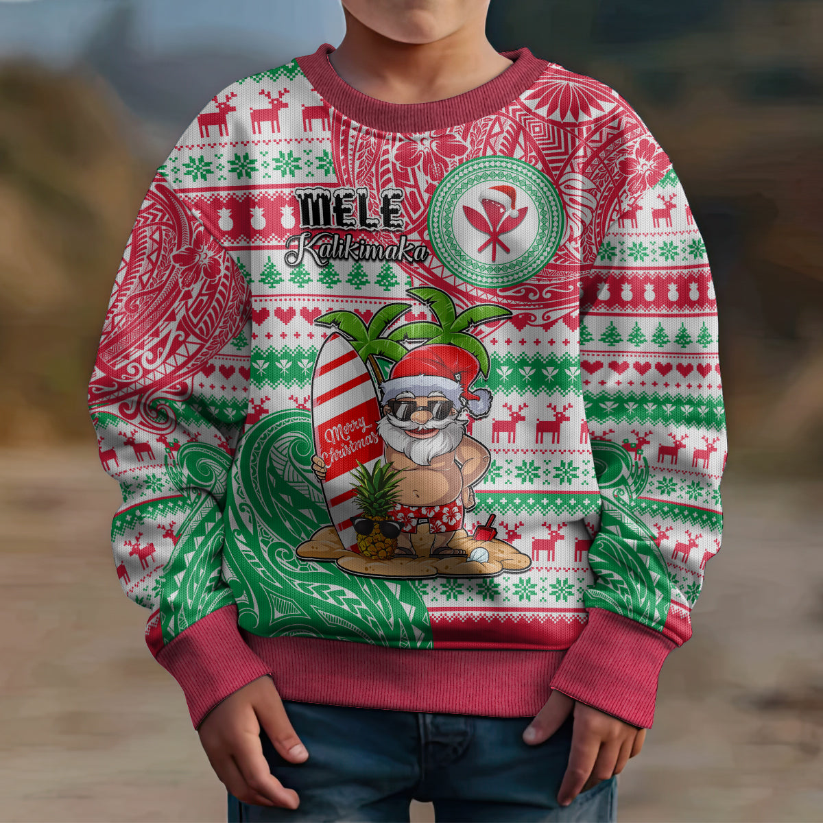 Personalised Hawaii Christmas Kid Ugly Christmas Sweater Santa Claus Surf Mele Kalikimaka LT05 - Polynesian Pride