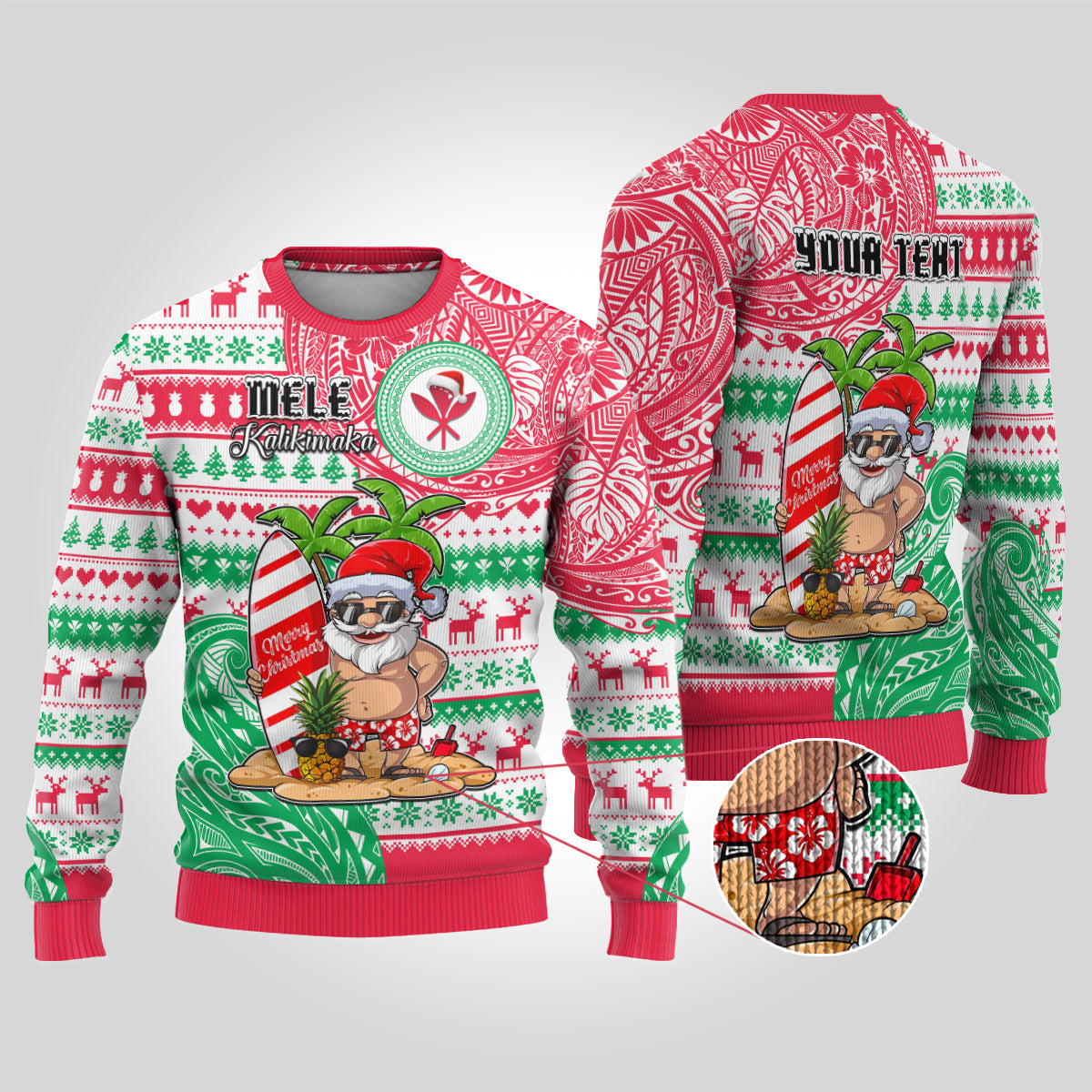 Personalised Hawaii Christmas Ugly Christmas Sweater Santa Claus Surf Mele Kalikimaka LT05 Red - Polynesian Pride