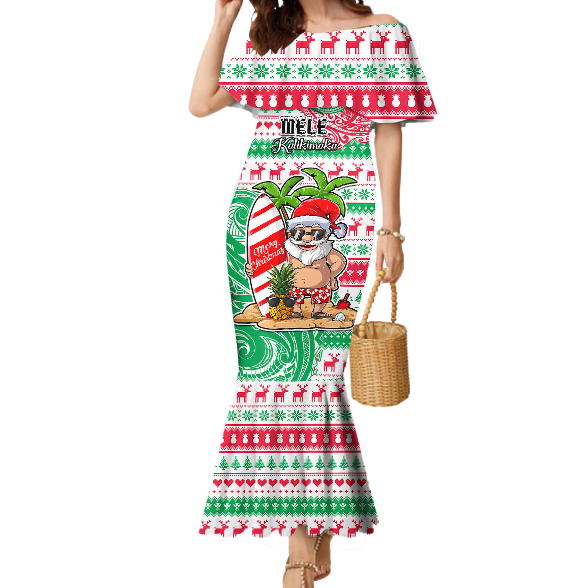 Personalized Hawaii Christmas Mermaid Dress Santa Claus Surf Mele Kalikimaka LT05 Women Red - Polynesian Pride