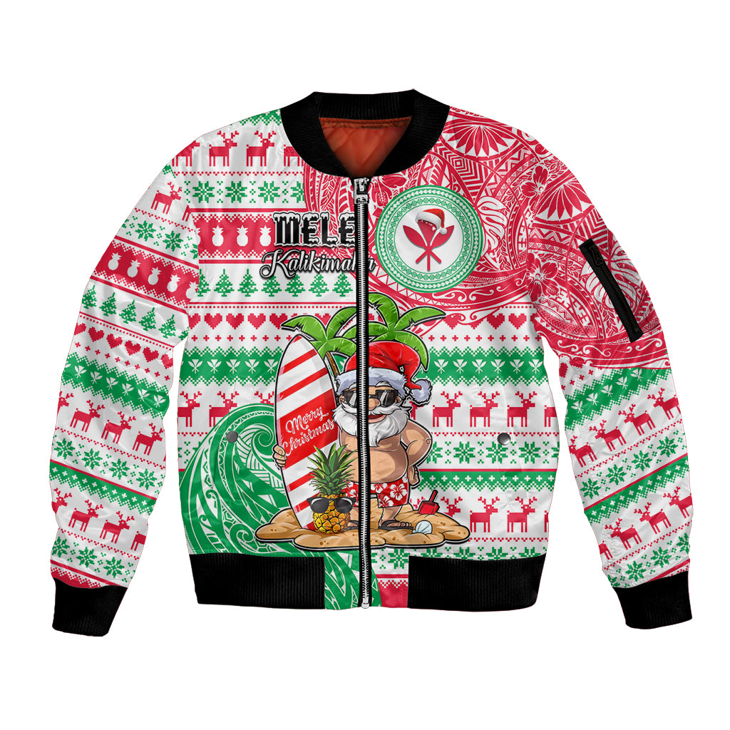 Personalized Hawaii Christmas Sleeve Zip Bomber Jacket Santa Claus Surf Mele Kalikimaka LT05 Unisex Red - Polynesian Pride