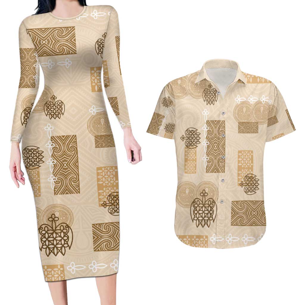 Vintage Lapita Couples Matching Long Sleeve Bodycon Dress and Hawaiian Shirt Iconic Double Face Pattern Beige LT05 Beige - Polynesian Pride