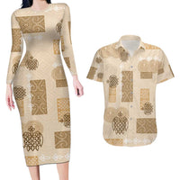 Vintage Lapita Couples Matching Long Sleeve Bodycon Dress and Hawaiian Shirt Iconic Double Face Pattern Beige LT05 Beige - Polynesian Pride