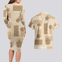 Vintage Lapita Couples Matching Long Sleeve Bodycon Dress and Hawaiian Shirt Iconic Double Face Pattern Beige LT05 - Polynesian Pride