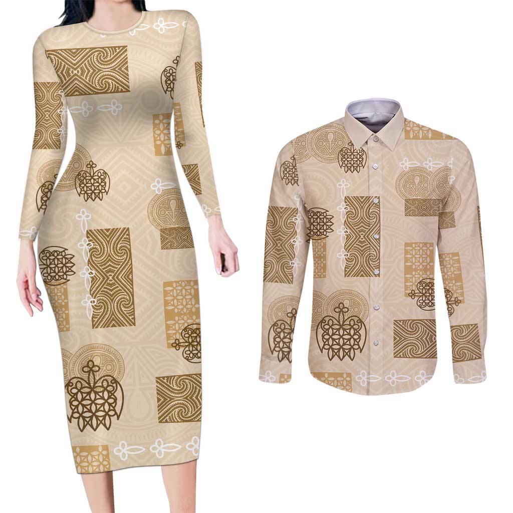 Vintage Lapita Couples Matching Long Sleeve Bodycon Dress and Long Sleeve Button Shirt Iconic Double Face Pattern Beige LT05 Beige - Polynesian Pride