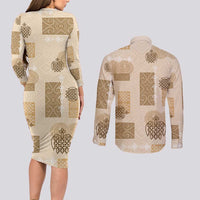Vintage Lapita Couples Matching Long Sleeve Bodycon Dress and Long Sleeve Button Shirt Iconic Double Face Pattern Beige LT05 - Polynesian Pride