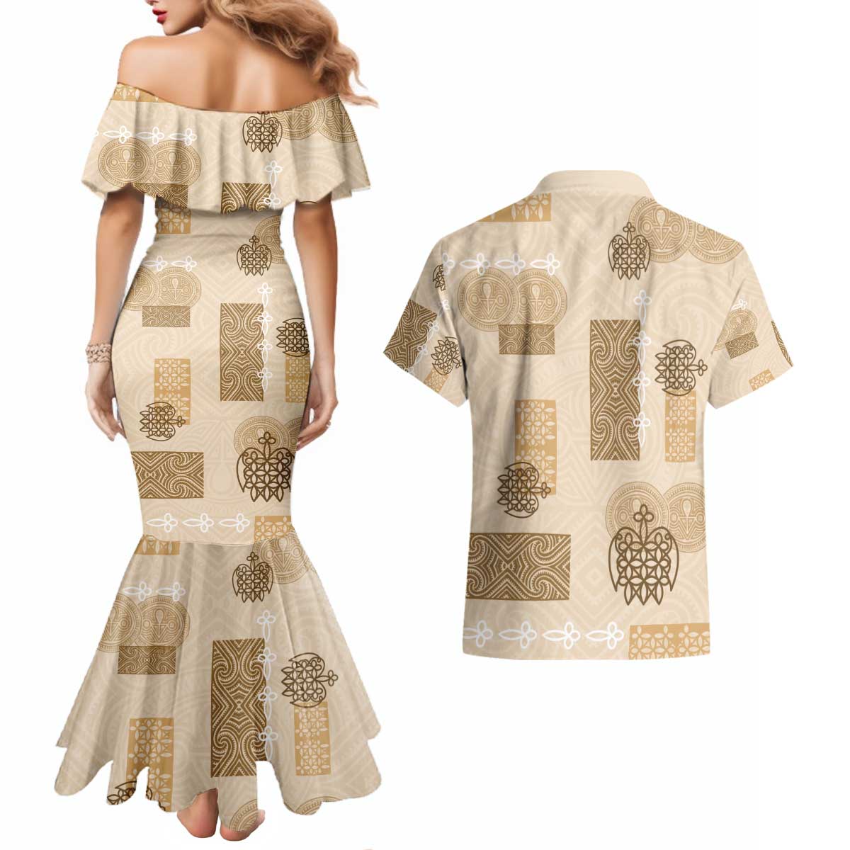 Vintage Lapita Couples Matching Mermaid Dress and Hawaiian Shirt Iconic Double Face Pattern Beige