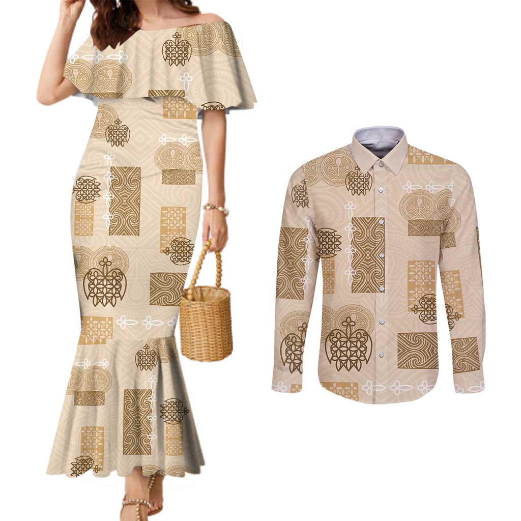 Vintage Lapita Couples Matching Mermaid Dress and Long Sleeve Button Shirt Iconic Double Face Pattern Beige LT05 Beige - Polynesian Pride