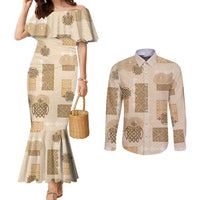 Vintage Lapita Couples Matching Mermaid Dress and Long Sleeve Button Shirt Iconic Double Face Pattern Beige LT05 Beige - Polynesian Pride
